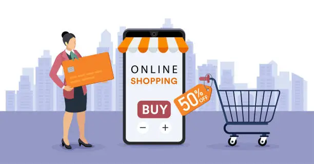 Vector illustration of A young woman holding a giant credit card. Woman buying products in internet store. Smartphone. Enjoy online shopping.