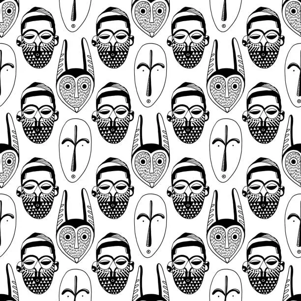 Vector illustration of African masks - seamless pattern. Line art background design. Hand drawn outline artwork