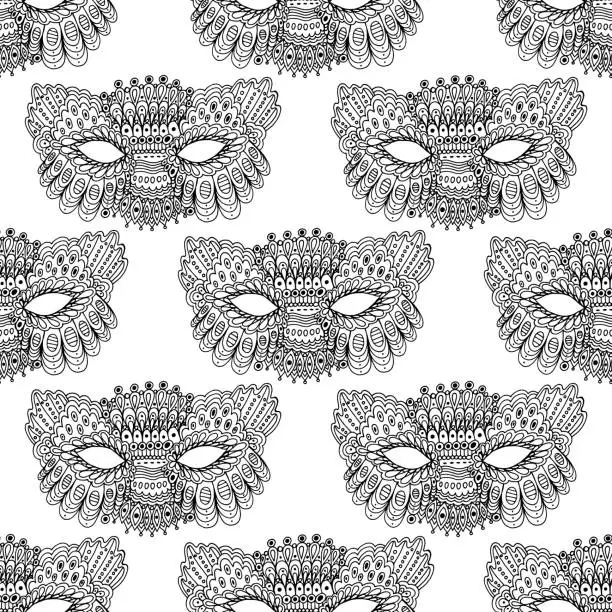 Vector illustration of Mardi gras mask seamless pattern. Line art venetian carnival masks. Doodle outline design artwork