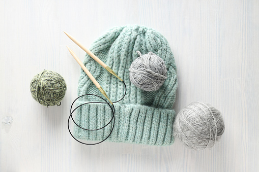 Concept of cozy and relax hobby, knitting, top view