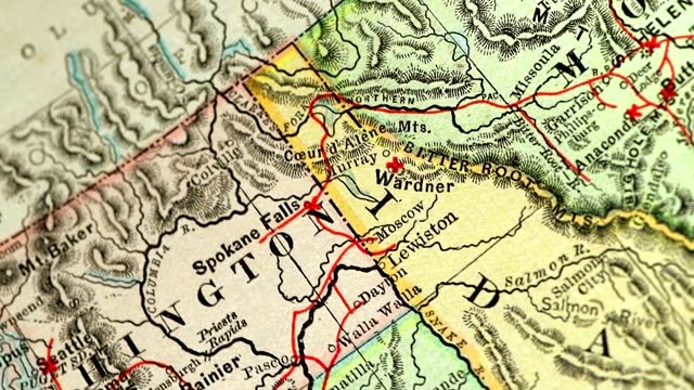 Close up on antique US map: Washington and Idaho
