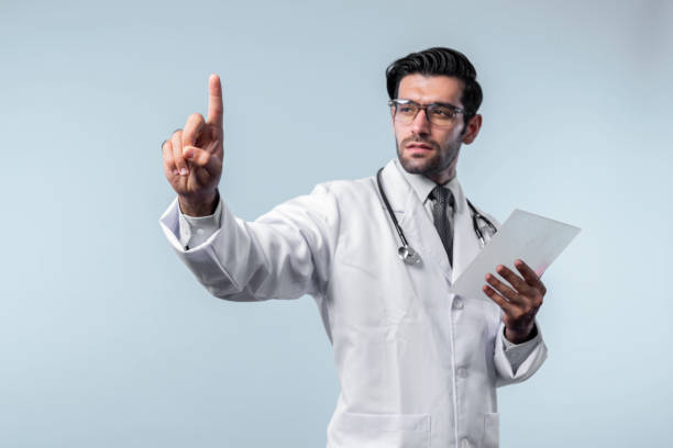istock Caucasian smart doctor pointing while standing and wearing lab coat. Deviation. 2148263672