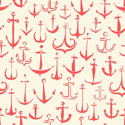 Anchors nautical seamless pattern hand painted with ink brush, isolated on white background. Vector illustration