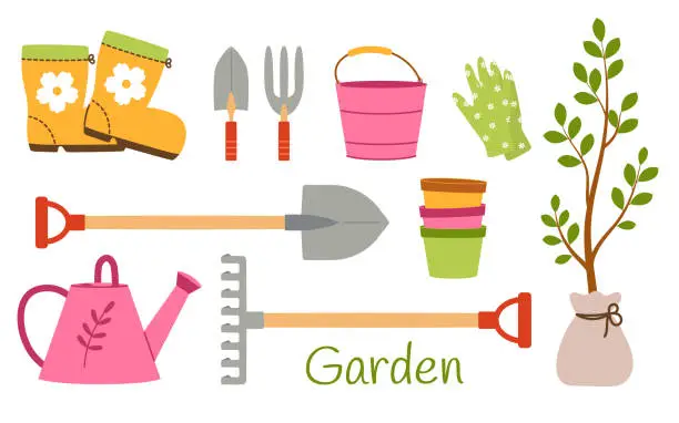 Vector illustration of Collection of garden tools and plants. Gardening or horticulture concept. Vector illustration