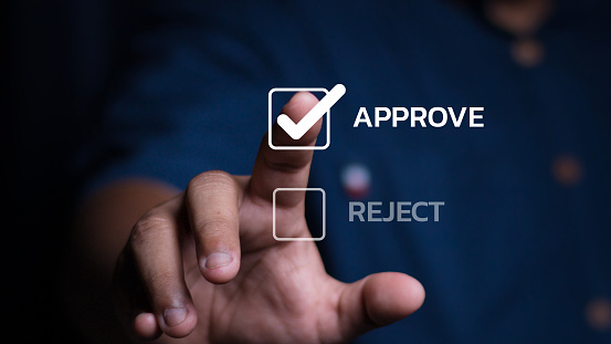 Approved, accept, pass inspection, Businessman writing or tick correct mark to approve document and project concept. Management, manager, examine, survey, tick, certification, business,