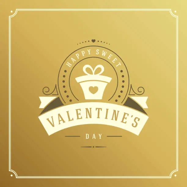 Vector illustration of Valentine's Day greeting card or poster vector illustration. Retro typographic design and heart shape on golden style background