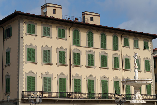 Prato, Italy - July 30, 2023: Buildings of Prato, historic city of Tuscany, Italy