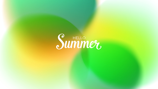Hello Summer. Blurred green and orange bubbles. Summertime abstract background with vibrant color gradient round shapes. Vector illustration.