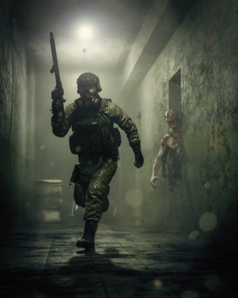 Digitally generated tension-filled scene unfolding a heavily armed soldier dashing through a narrow, poorly lit old dark scary corridor, attempting to evade the clutches of a lurking monstrous, zombified creature with cybernetic parts in the background. The atmosphere is thick with imminent danger and the element of surprise, captured in a still moment of survival instincts.\n\nThe scene was created in Autodesk® 3ds Max 2025 with V-Ray 6 and rendered with photorealistic shaders and lighting in Chaos® Vantage with some post-production added.