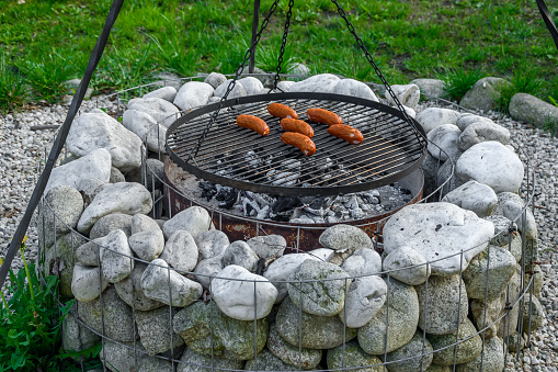 Camp food, grilled sausages, outdoor camping