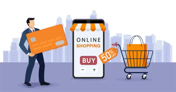 Vector illustration of A young man holding a giant credit card. Man buying products from an internet store. Smartphone. Enjoy online shopping.