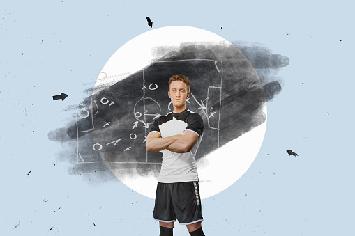 Soccer player stands in front of the chalk board with tactical scheme in soccer game. Flat Desighn Soccer Sport Concept.