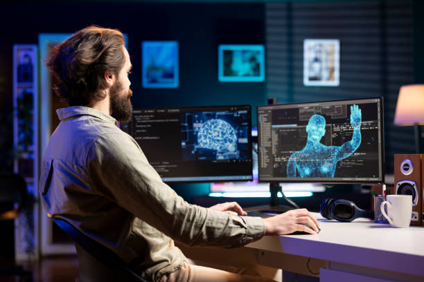 istock Artificial intelligence becoming sentient, greeting IT expert at desk 2148269072