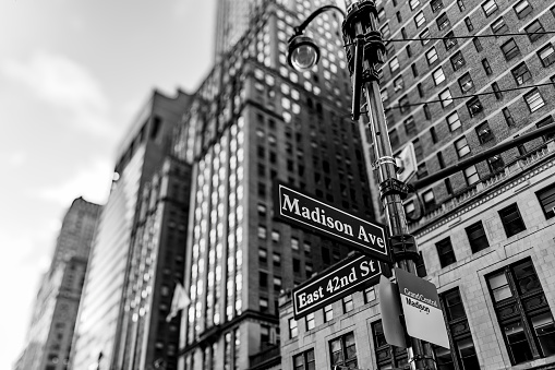 Madison Avenue and East 42nd street road signs in Manhattan, New York.