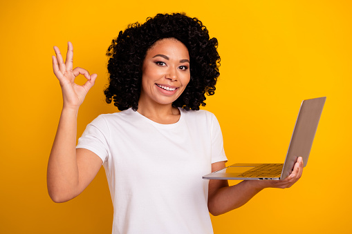 Photo of mixed-race multiethnic multinational woman dressed white t-shirt hold laptop show okey isolated on yellow color background.