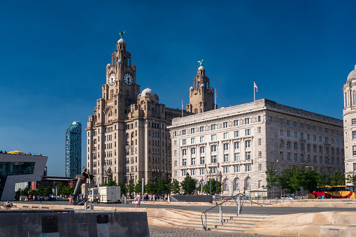 Royal Liver Building and Cunard Building on the River Mersey. Liverpool, England.