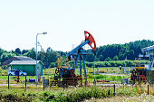 Oil pumps at work.Landscape summer bright day.