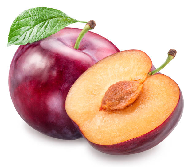 istock Ripe chinese plum or japanese plum with leaf on white background. Clipping path. 2148276038