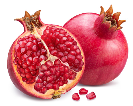 Pomegranate fruit and half of pomegranate isolated on white background. Clipping path.