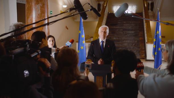 istock Senior EU representative gives interview for TV breaking news 2148277117