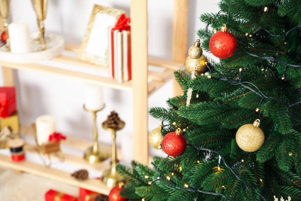 istock Christmas tree and shelving with Christmas accessories, space for text 2148277224