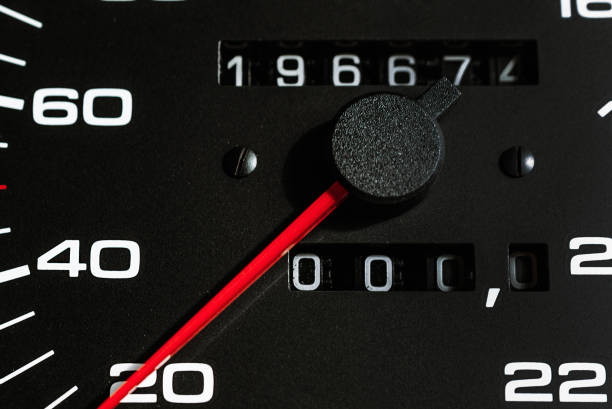 istock Black Car speedometer,dashboard.Red Arrow of odometer,tachometer.Close up.Selective focus. 2148277336