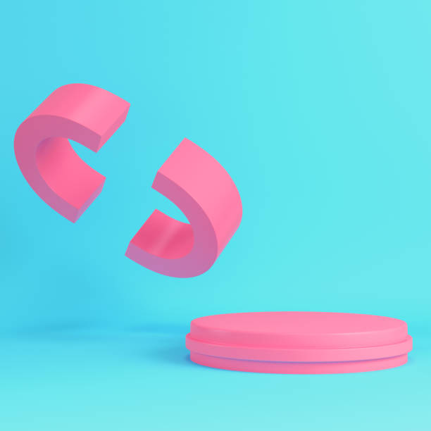 istock Pink cylindrical pedestal with flying abstract shape shape for product display on bright blue background in pastel colors 2148277980