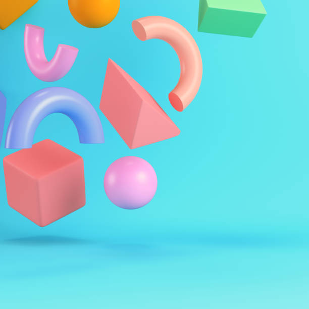istock Colorful abstract bold geometric figures on bright blue background in pastel colors 2148278031