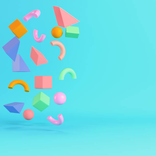 istock Colorful abstract bold geometric figures on bright blue background in pastel colors 2148278072