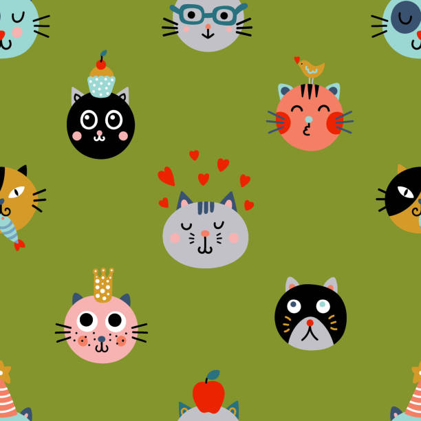 ilustraciones, imágenes clip art, dibujos animados e iconos de stock de cute seamless background with funny cats in cartoon style. - cake pie apple pie apple