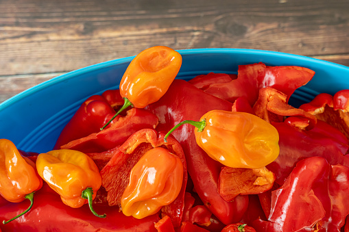 Cut Bell Peppers wit spicy scotch bonnets