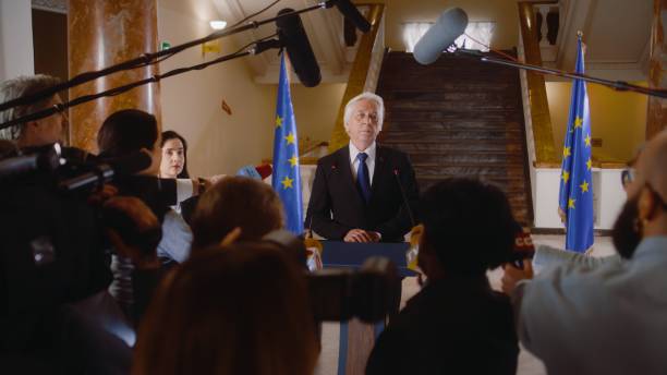 istock Senior EU representative gives interview for TV breaking news 2148279196
