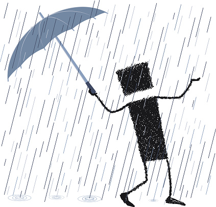 Illustration of a stick figure walking in the rain with an umbrella. He is happy... singing in the rain.