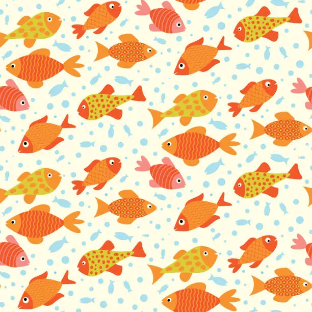 Vector illustration of Colorful Bright Fish Seamless pattern with blue bubbles on white background.