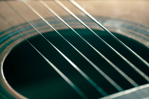 Strings on an acoustic guitar. Close-up.