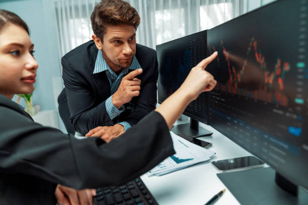 istock Business traders discussing on dynamic stock risk or profit point. Postulate. 2148281630