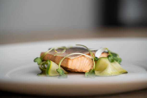 View of grilled salmon steak, Ticinese meal at restaurant
