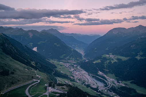 Aerial view of mountains and winding road, Saint Gotthard Pass, Swiss Alps