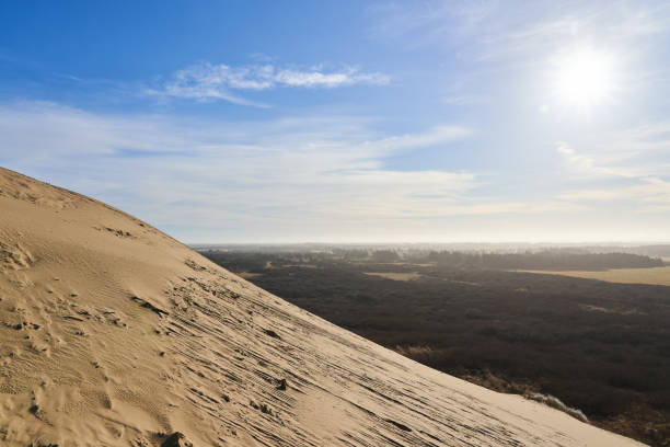 Idyllic scenic view of sand dune hill and grassy landscape against cloudy sky during sunny day at Lønstrup, Denmark