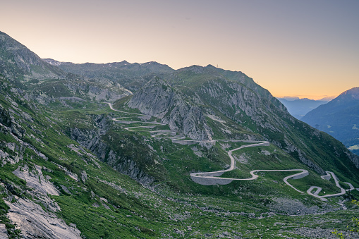 Aerial view of mountains and winding road, Saint Gotthard Pass, Swiss Alps