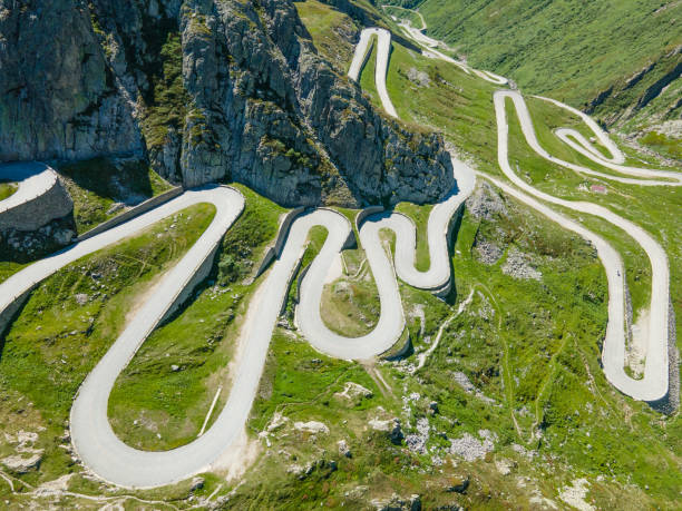 Aerial view of winding mountain road, Saint Gotthard Pass, Swiss Alps