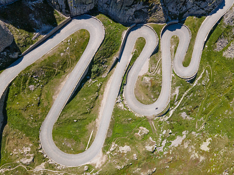 Aerial view of winding mountain road, Saint Gotthard Pass, Swiss Alps