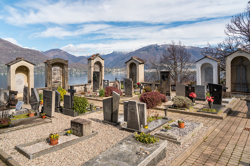 Sant Abbondio, Gambarogno, Switzerland - April 9, 2024: View of the Saint Abbondio cemetery, Ranzo, Gambarogno in the canton of Ticino.