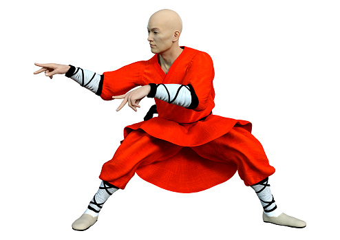 3D rendering of a shaolin monk exercising isolated on white background
