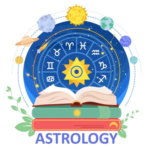Astrology science poster with zodiac circle on stack of book Astrology science poster with zodiac circle surrounded different cosmic body and planet on stack of book vector illustration design vedic astrologer stock illustrations