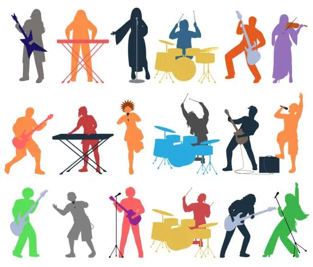 Vector illustration of Punk or rock band people silhouette playing different musical instrument