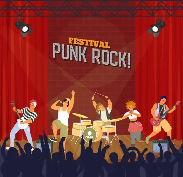 Vector illustration of Musical band performing on stage of punk rock festival