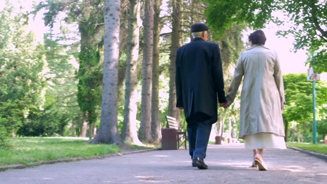 An elderly couple strolling peacefully in the park. A man and woman enjoying a leisurely walk amidst nature. A senior couple cherishing a stroll through the park. An older pair ambling together in a serene park setting. A gentleman and lady leisurely walk