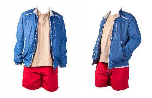 two men's blue white jacket windbreaker,beige shirt and red sports shorts isolated on white background. fashionable casual wear