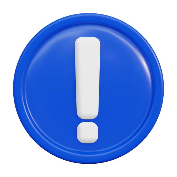 3d icon. Exclamation mark in a round blue glass frame. 3D render illustration in cartoon style. Transparent background, isolation.